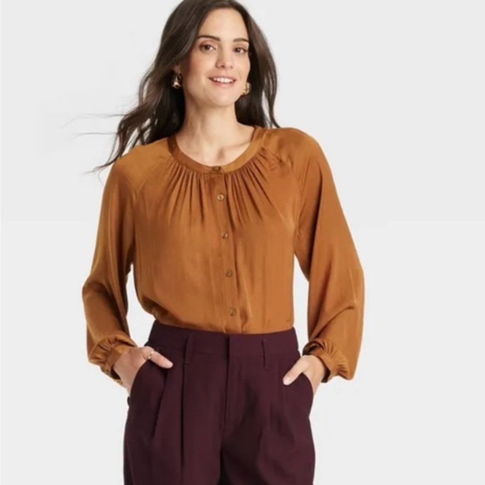 A New Day Brown Long Sleeve Pleated Blouse